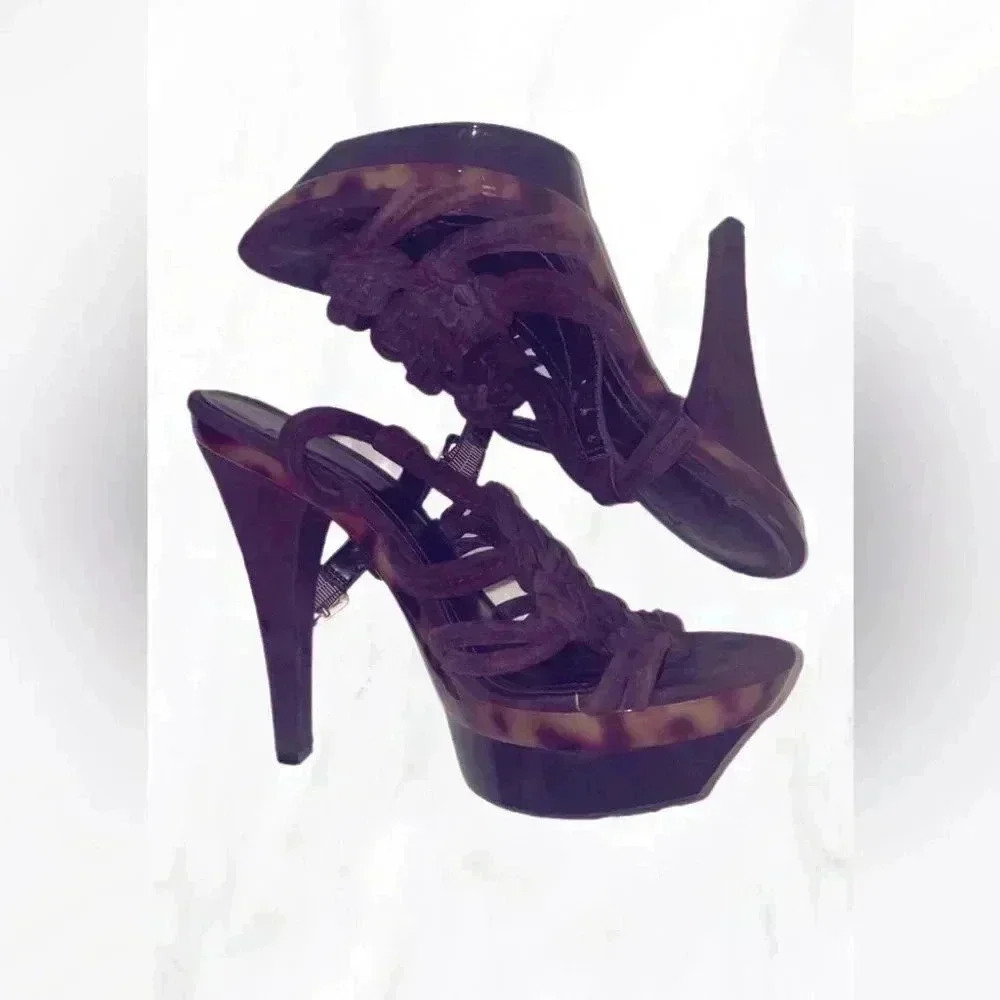 BCBG generation platform strappy leopard brown suede braided leather heel 8